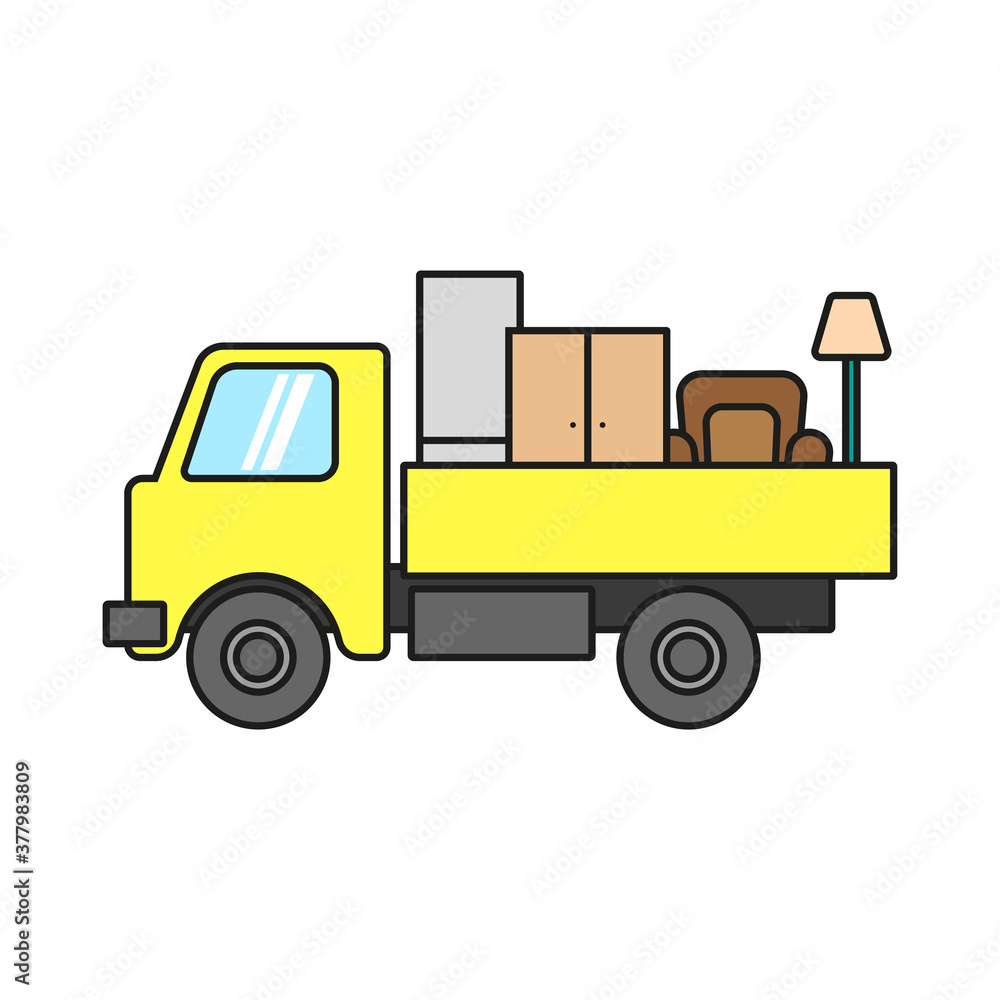 Truck icon. Transportation and delivery of furniture logo. Side view. Colored contour silhouette. Vector flat graphic linear illustration. The isolated object on a white background. Isolate. Truck icon. Transportation and delivery of furniture logo. Side view. Colored contour silhouette. Vector flat graphic linear illustration. The isolated object on a white background. Isolate.