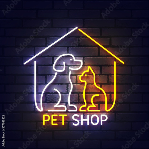 Pet shop neon sign. Glowing neon light signboard of dog and cat pet house. Sign of pet shop with colorful neon lights isolated on brick wall. Vector illustration