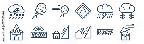 12 pack of icons. thin outline icons such as broken roof, avalanche and house, plant on drought, thunder cloud, wind and bent fir, broken tree by wind for web and mobile apps, logo