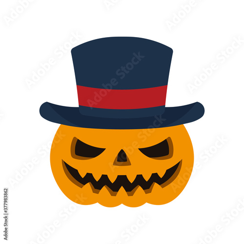 Halloween pumpkin with hat icon. Cartoon drawing. Vector flat graphic illustration. The isolated object on a white background. Isolate.