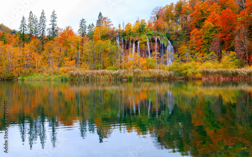 Famous Plitvice lakes with beautiful autumn colors and magnificent views of the waterfalls at Plitvice national park