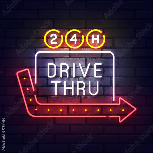 Drive thru neon sign. Glowing neon light signboard of fast food. Sign of flying drive thru with colorful neon lights isolated on brick wall. Vector illustration