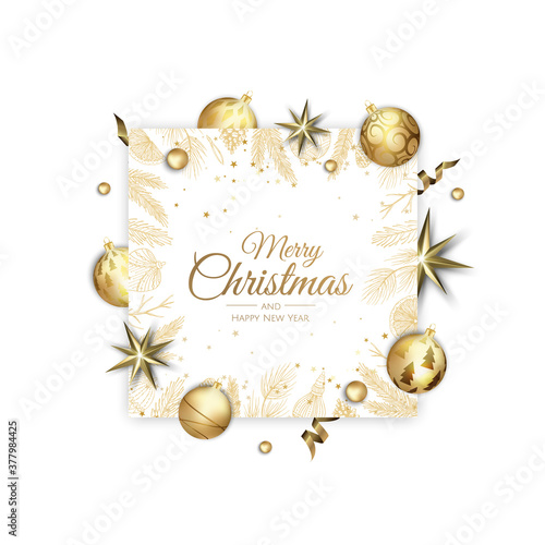Merry Christmas and Happy New Year Holiday white banner illustration. Xmas design with realistic vector 3d objects, golden christmass ball, snowflake, glitter gold confetti.