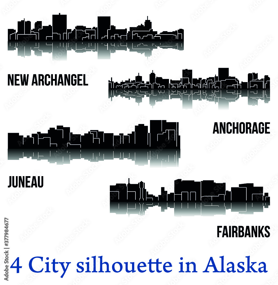 Set of 4 city silhouette in Alaska ( Juneau, Fairbanks, New Archangel, Anchorage )