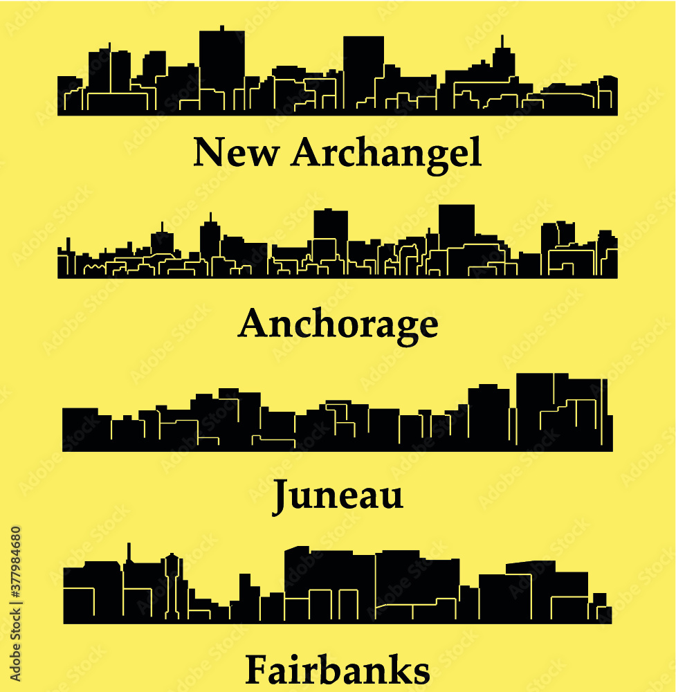 Set of 4 city silhouette in Alaska ( Juneau, Fairbanks, New Archangel, Anchorage ) Set of 4 city silhouette in Alaska ( Juneau, Fairbanks, New Archangel, Anchorage )