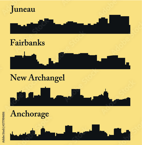 Set of 4 city silhouette in Alaska ( Juneau, Fairbanks, New Archangel, Anchorage )