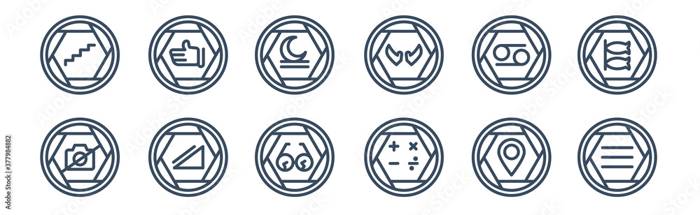 12 pack of icons. thin outline icons such as is identical with, mathematics, ramp, horoscope, isha prayer, hand for web and mobile apps, logo 12 pack of icons. thin outline icons such as is identical with, mathematics, ramp, horoscope, isha prayer, hand for web and mobile apps, logo