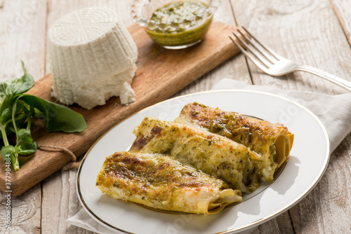 cannelloni with pesto sauce and ricotta cheese