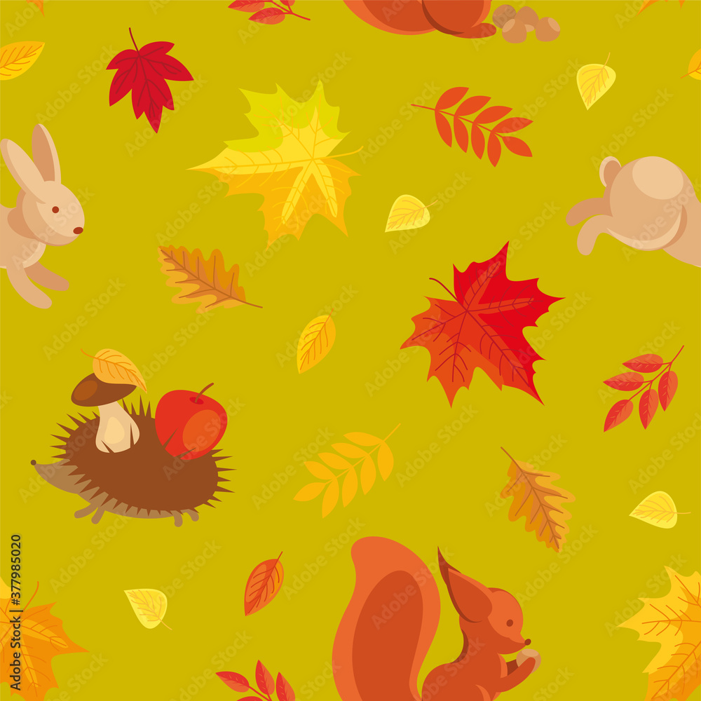 AUTUMN SEAMLESS PATTERN WITH DIFFERENT LEAVES, HEDGEHOG CARRYING AN APPLE AND MUSHROOM, SQUIRREL WITH NUTS, JUMPING HARE AUTUMN SEAMLESS PATTERN WITH DIFFERENT LEAVES, HEDGEHOG CARRYING AN APPLE AND MUSHROOM, SQUIRREL WITH NUTS, JUMPING HARE