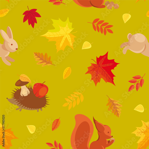 AUTUMN SEAMLESS PATTERN WITH DIFFERENT LEAVES  HEDGEHOG CARRYING AN APPLE AND MUSHROOM  SQUIRREL WITH NUTS  JUMPING HARE