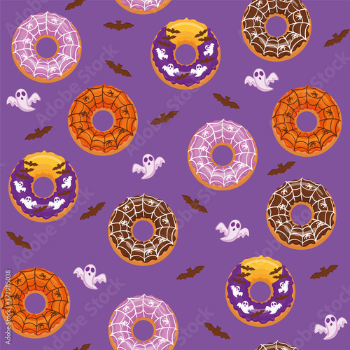 SEAMLESS PATTERN WITH HALLOWEEN DONUTS: SPIDERWEB, MOON, BAT, GHOST