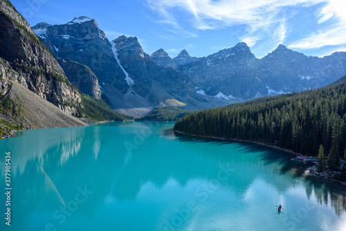 Kayaking, canoeing on the iconic Moraine Lake, which is one of the most popular travel destination and outdoor activity in Banff National Park of Canada