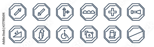 12 pack of icons. thin outline icons such as forbidden, gasoline, highway, hospital, intersection, keep left for web and mobile apps, logo