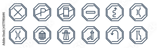 12 pack of icons. thin outline icons such as lane, merging, museum, narrow road, no mobile phone, no parking for web and mobile apps, logo
