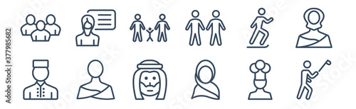 12 pack of icons. thin outline icons such as golfer, muslim woman, thai, skater, gay family, woman teaching for web and mobile apps, logo