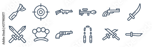 12 pack of icons. thin outline icons such as katana with handle, japanese nunchaku, brass knuckles, musket, machine gun, shooting target for web and mobile apps, logo