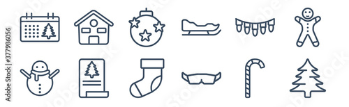 12 pack of icons. thin outline icons such as christmas tree  safety glasses  christmas card  lights  bauble  chalet for web and mobile apps  logo