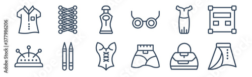 12 pack of icons. thin outline icons such as skirt with white lining?, skirt black short?, eyeliner pencils?, female long black dress?, stylish perfume bottle?, clothing stitches? for web and mobile