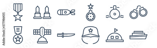 12 pack of icons. thin outline icons such as militar ship, military helmet, military satellites, submarine front view, torpedo, two bullets for web and mobile apps, logo