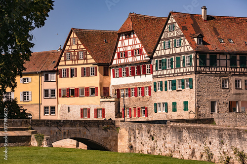 Half-timbered houses on the Steinernen Steg in the old town of Schwaebisch Hall in Germany
