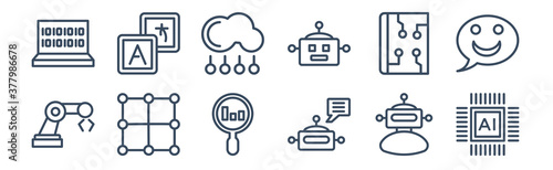 12 pack of icons. thin outline icons such as artificial intelligence, piction, algorithm, book, cloud computing, translation for web and mobile apps, logo