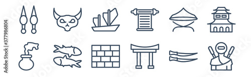 12 pack of icons. thin outline icons such as ninja, torii gate, underwater, bamboo hat, sail, hannya for web and mobile apps, logo
