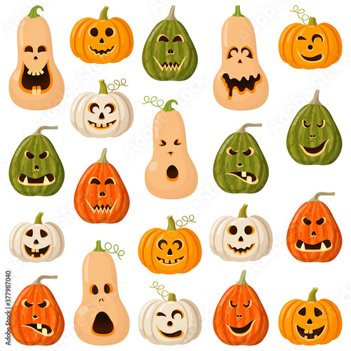 Fototapeta Naklejka Na Ścianę i Meble -  Set of 20 Cute Halloween colorful pumpkin Jack'o lantern. Vector stock flat illustration isolated on a white background. 