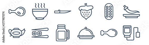 12 pack of icons. thin outline icons such as infusion bag, tray and cover, sushi piece, sushi mix, thin knife, hot soup for web and mobile apps, logo