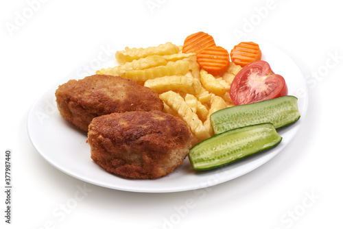 Breaded meatballs with french fries, isolated on white background