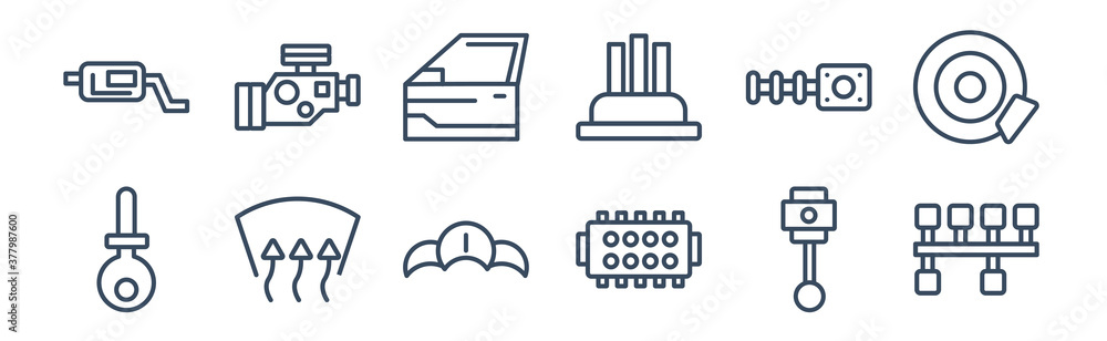 12 pack of icons. thin outline icons such as car crankshaft, car cylinder head, car demister, distributor, door, engine for web and mobile apps, logo 12 pack of icons. thin outline icons such as car crankshaft, car cylinder head, car demister, distributor, door, engine for web and mobile apps, logo