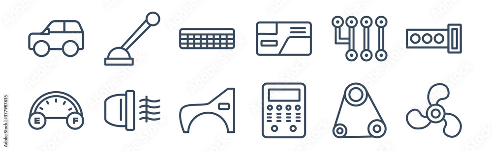 12 pack of icons. thin outline icons such as car fan, car fascia (british), car fog lamp, gearbox, grille or radiator grille, handbrake for web and mobile apps, logo 12 pack of icons. thin outline icons such as car fan, car fascia (british), car fog lamp, gearbox, grille or radiator grille, handbrake for web and mobile apps, logo