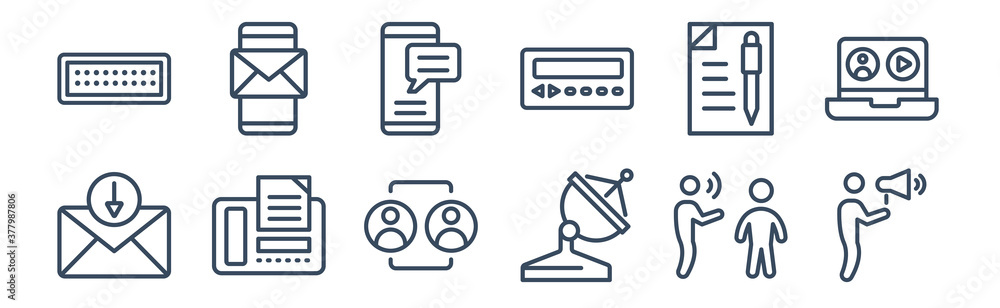 12 pack of icons. thin outline icons such as speaking, satellite dish, fax, writing letter, mobile chat, mobile receiving email for web and mobile apps, logo 12 pack of icons. thin outline icons such as speaking, satellite dish, fax, writing letter, mobile chat, mobile receiving email for web and mobile apps, logo