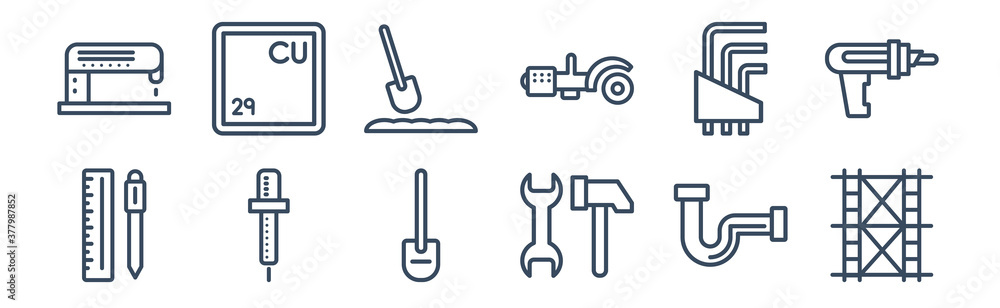12 pack of icons. thin outline icons such as scaffolding, improvement, iron soldering, allen keys, soil, copper for web and mobile apps, logo 12 pack of icons. thin outline icons such as scaffolding, improvement, iron soldering, allen keys, soil, copper for web and mobile apps, logo