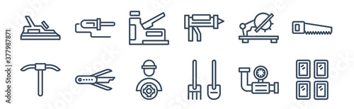 12 pack of icons. thin outline icons such as glass wall, shovel and fork, jackknife, chop saw, staple gun, solder for web and mobile apps, logo