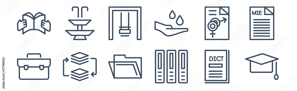12 pack of icons. thin outline icons such as graduate cap, three books, arrange, fraternity, swinging, fountain for web and mobile apps, logo 12 pack of icons. thin outline icons such as graduate cap, three books, arrange, fraternity, swinging, fountain for web and mobile apps, logo