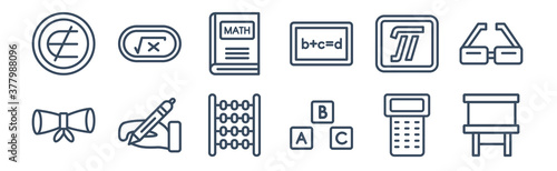 12 pack of icons. thin outline icons such as writing whiteboard, baby abc cubes, write by hand, pi, math book, square root for web and mobile apps, logo