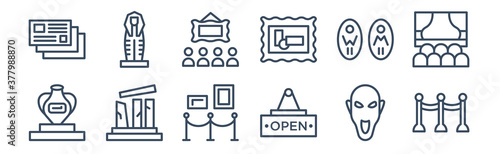 12 pack of icons. thin outline icons such as fencing, open, relics, restroom, exhibition, sarcophagus for web and mobile apps, logo