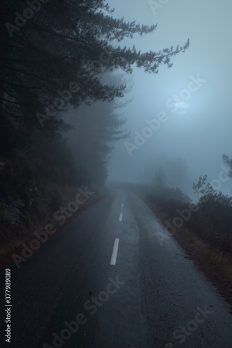 Mountain road in a foggy night