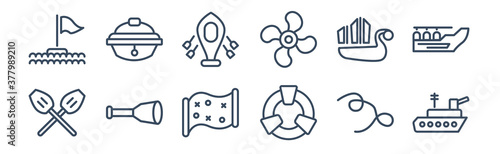 12 pack of icons. thin outline icons such as frigate, life preserver, nautical monocular, old galleon, rubber raft, sailor cap for web and mobile apps, logo