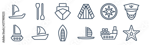 12 pack of icons. thin outline icons such as starfish with dots, windsurf board, watercraft, azimuth compass, ballast, seaworthy for web and mobile apps, logo