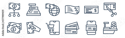 12 pack of icons. thin outline icons such as cashier, card, payment, cheque, trade, cashier machine for web and mobile apps, logo