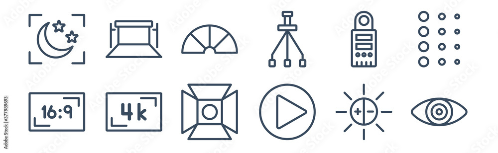 12 pack of icons. thin outline icons such as eye, play video, resolution, light meter, metering, chroma for web and mobile apps, logo 12 pack of icons. thin outline icons such as eye, play video, resolution, light meter, metering, chroma for web and mobile apps, logo