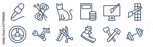 12 pack of icons. thin outline icons such as body building, runner, plumber, graphic de, ailurophile, knitting for web and mobile apps, logo