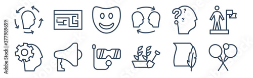 12 pack of icons. thin outline icons such as tennis player, gardener, announcer, doubt, emotions, maze for web and mobile apps, logo