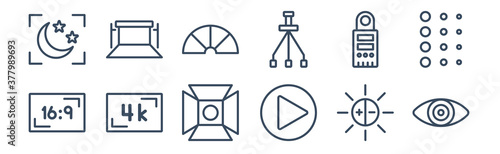 12 pack of icons. thin outline icons such as eye, play video, resolution, light meter, metering, chroma for web and mobile apps, logo
