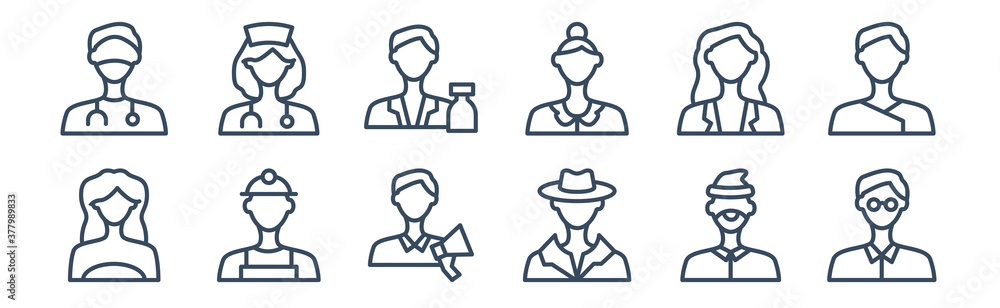 12 pack of icons. thin outline icons such as it manager, mafia, mechanical engineer, pediatrician, pharmacist, physician assistant for web and mobile apps, logo 12 pack of icons. thin outline icons such as it manager, mafia, mechanical engineer, pediatrician, pharmacist, physician assistant for web and mobile apps, logo