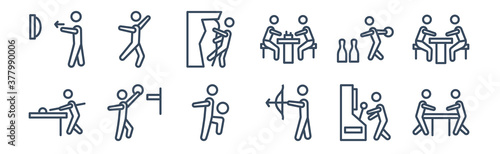 12 pack of icons. thin outline icons such as people playing air hockey, people playing archery, people playing basketball, bowling, climbing, dancing for web and mobile apps, logo