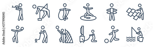 12 pack of icons. thin outline icons such as people fishing, people playing game, people playing golf, hula hop, playing jumping rope, limbo for web and mobile apps, logo