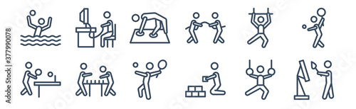 12 pack of icons. thin outline icons such as people playing painting, people playing rummy, people playing table football, trapeze, twister, video game for web and mobile apps, logo