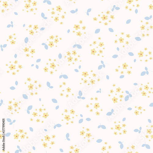 Liberty pattern. Vector seamless texture with small scattered yellow flowers and blue leaves on white. Elegant floral background. Simple ditsy pattern. Repeat design for print, textile, wallpapers